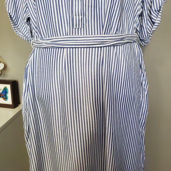 Gap Roll Cuff Shirt Dress Size XL White Blue Striped Tie Waist Button Up New - Picture 3 of 12